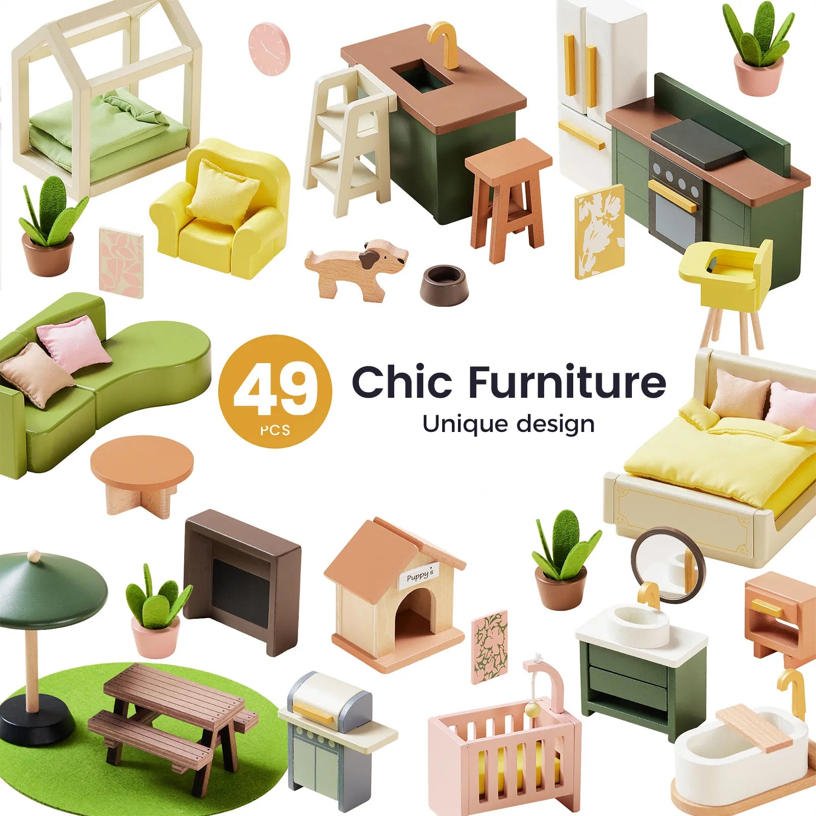 A selection of miniature wooden furniture pieces—including beds, sofas, kitchen appliances, plants, and accessories—from the Tiny Land® Sweetwood Edge Dollhouse - Green & Pink by Tiny Land, perfect for any Montessori toy collection and arranged on a white background with the text “49 PCS Chic Furniture Unique design” in the center.|Green