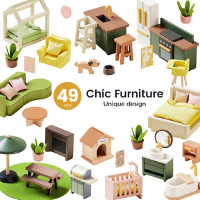 A selection of miniature wooden furniture pieces—including beds, sofas, kitchen appliances, plants, and accessories—from the Tiny Land® Sweetwood Edge Dollhouse - Green & Pink by Tiny Land, perfect for any Montessori toy collection and arranged on a white background with the text “49 PCS Chic Furniture Unique design” in the center.|Green