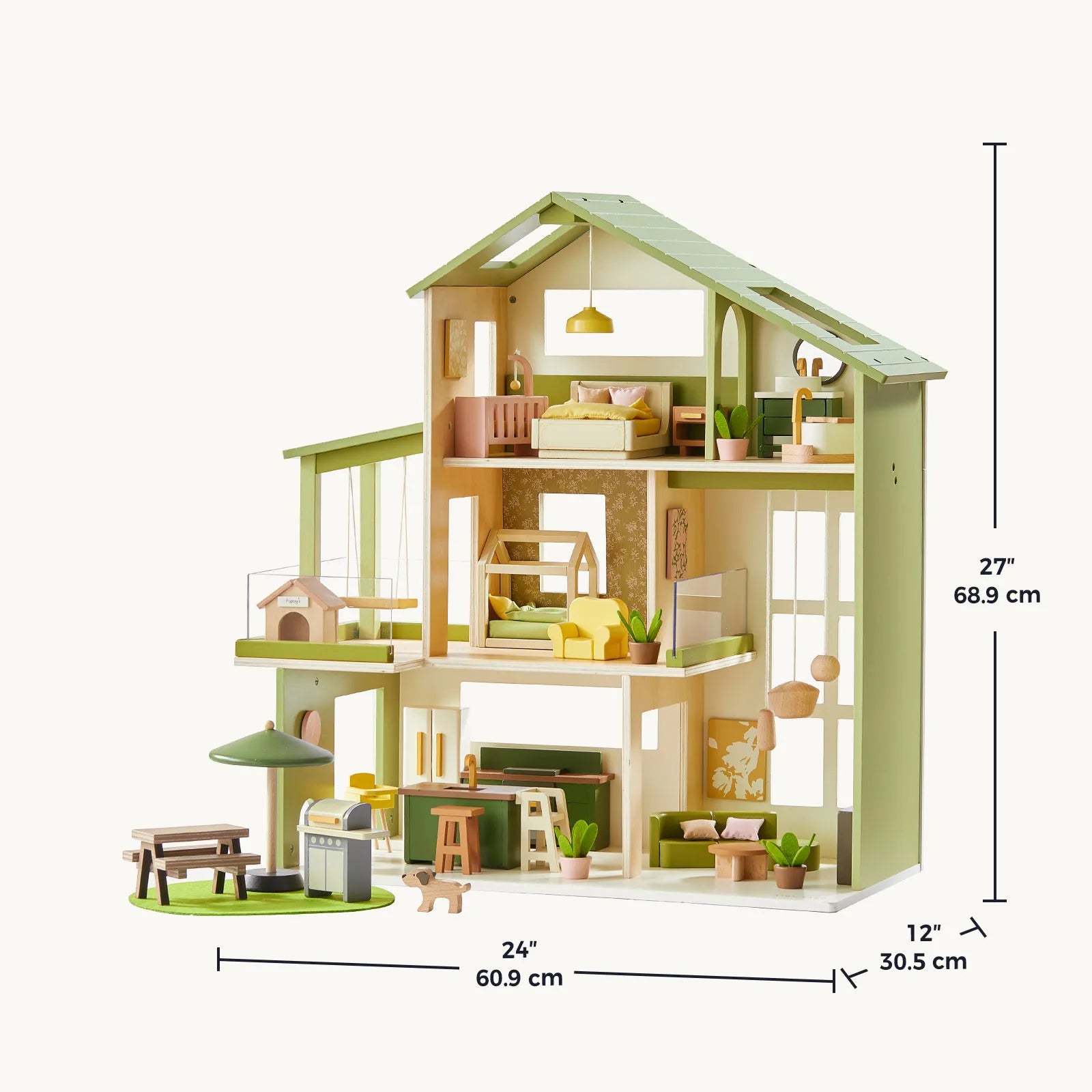 Introducing the Tiny Land® Sweetwood Edge Dollhouse - Green & Pink by Tiny Land. This beautifully crafted wooden dollhouse features a charming green roof, three spacious floors, and exquisite wooden dollhouse furniture—an ideal Montessori toy to spark imaginative play. The set includes delightful miniature plants and outdoor accessories. Dimensions: 27" (height), 24" (width), 12" (depth). Presented on a plain white background.|Green
