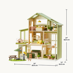 Introducing the Tiny Land® Sweetwood Edge Dollhouse - Green & Pink by Tiny Land. This beautifully crafted wooden dollhouse features a charming green roof, three spacious floors, and exquisite wooden dollhouse furniture—an ideal Montessori toy to spark imaginative play. The set includes delightful miniature plants and outdoor accessories. Dimensions: 27" (height), 24" (width), 12" (depth). Presented on a plain white background.|Green