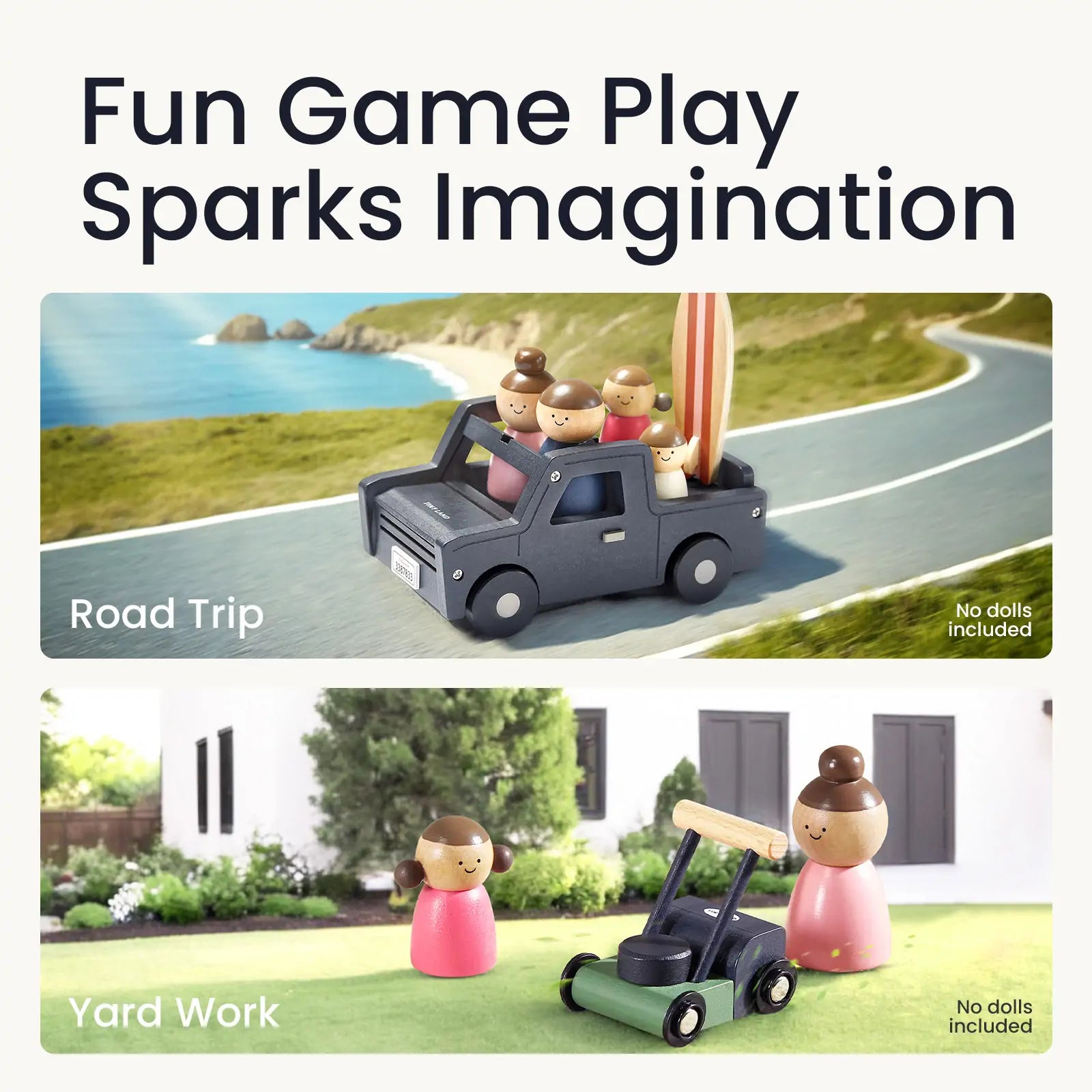 Two scenes with wooden dolls from the Tiny Land® Wooden Dollhouse - Garage: a Road Trip by the seaside in a Tiny Land toy truck, and Yard Work with a toy lawn mower. Text: Fun Game Play Sparks Imagination.