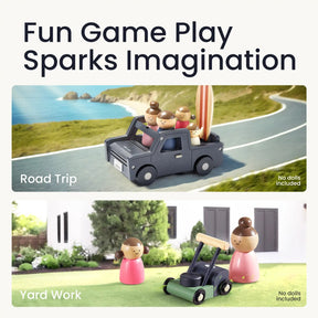 Two scenes with wooden dolls from the Tiny Land® Wooden Dollhouse - Garage: a Road Trip by the seaside in a Tiny Land toy truck, and Yard Work with a toy lawn mower. Text: Fun Game Play Sparks Imagination.