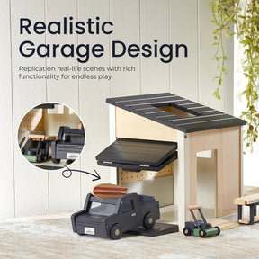 The Tiny Land® Wooden Dollhouse - Garage by Tiny Land features a black toy truck, ramp, and movable garage door. “Realistic Garage Design” shows how this set replicates real-life scenes for endless imaginative play.