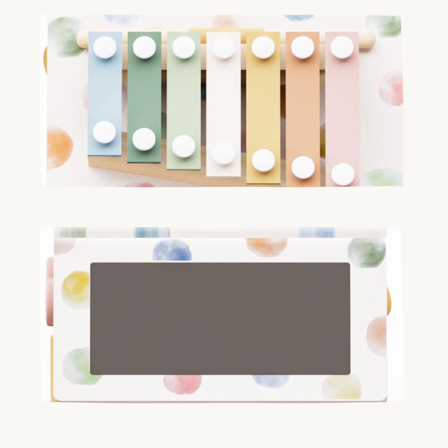 The Tiny Land Complete Development Playset — Baby Walker + Activity Cube features a pastel wooden walker with a xylophone, white knobs, and a chalkboard, all accented by soft multicolored polka dots for sensory engagement.