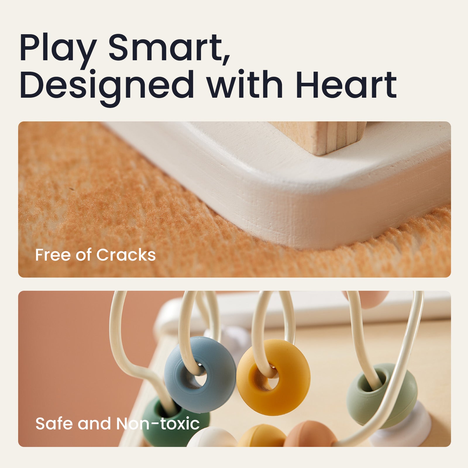 Close-up of Tiny Land’s Cozy Learning Playset — Playmat + Activity Cube, showing a smooth edge labeled Free of Cracks and safe, non-toxic beads. “Play Smart, Designed with Heart” at the top. Perfect developmental toy for little ones.