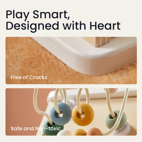 Close-up of Tiny Land’s Cozy Learning Playset — Playmat + Activity Cube, showing a smooth edge labeled Free of Cracks and safe, non-toxic beads. “Play Smart, Designed with Heart” at the top. Perfect developmental toy for little ones.