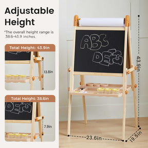 The Tiny Land® Caramel Magnitales Easel for Kids by Tiny Land has a magnetic chalkboard, tray, and adjustable height: 43.9" (tray at 13.8") or 38.6" (tray at 7.9"). Height range is clearly highlighted for easy selection.