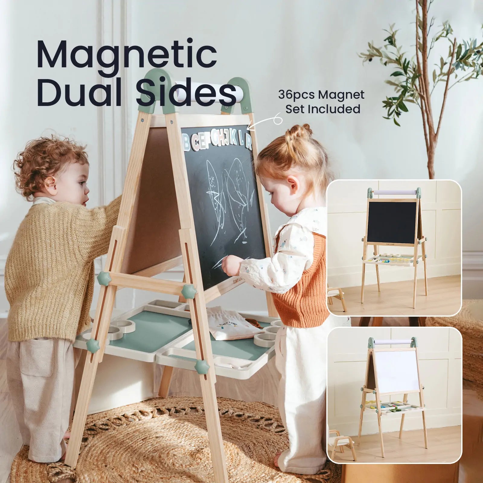 Two kids draw on the Tiny Land® Magnitales Easel for Kids - Green, featuring chalkboard and whiteboard sides. Text says "Magnetic Dual Sides" and "36pcs Magnet Set Included." Insets show close-ups of the easel’s boards.|green