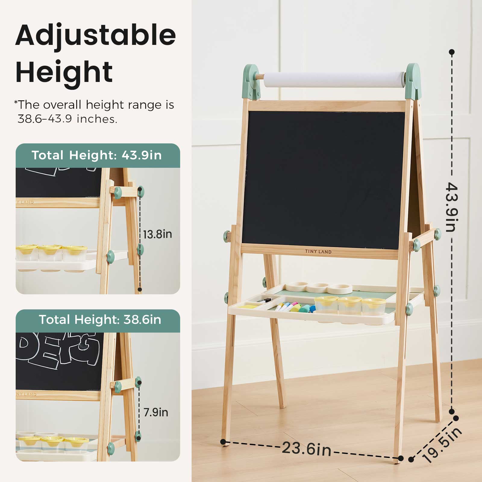 The Tiny Land Nature-inspired Play & Art Set — Sage Easel + Forest Play House features a wooden easel with blackboard, whiteboard, storage trays, paper roll, adjustable heights (38.6"/43.9"), labeled trays, and clear dimensions in the diagram.|green