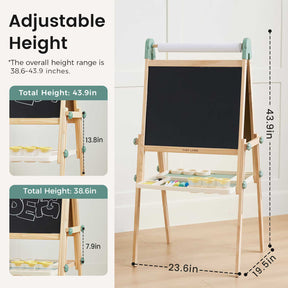 The Tiny Land Nature-inspired Play & Art Set — Sage Easel + Forest Play House features a wooden easel with blackboard, whiteboard, storage trays, paper roll, adjustable heights (38.6"/43.9"), labeled trays, and clear dimensions in the diagram.|green
