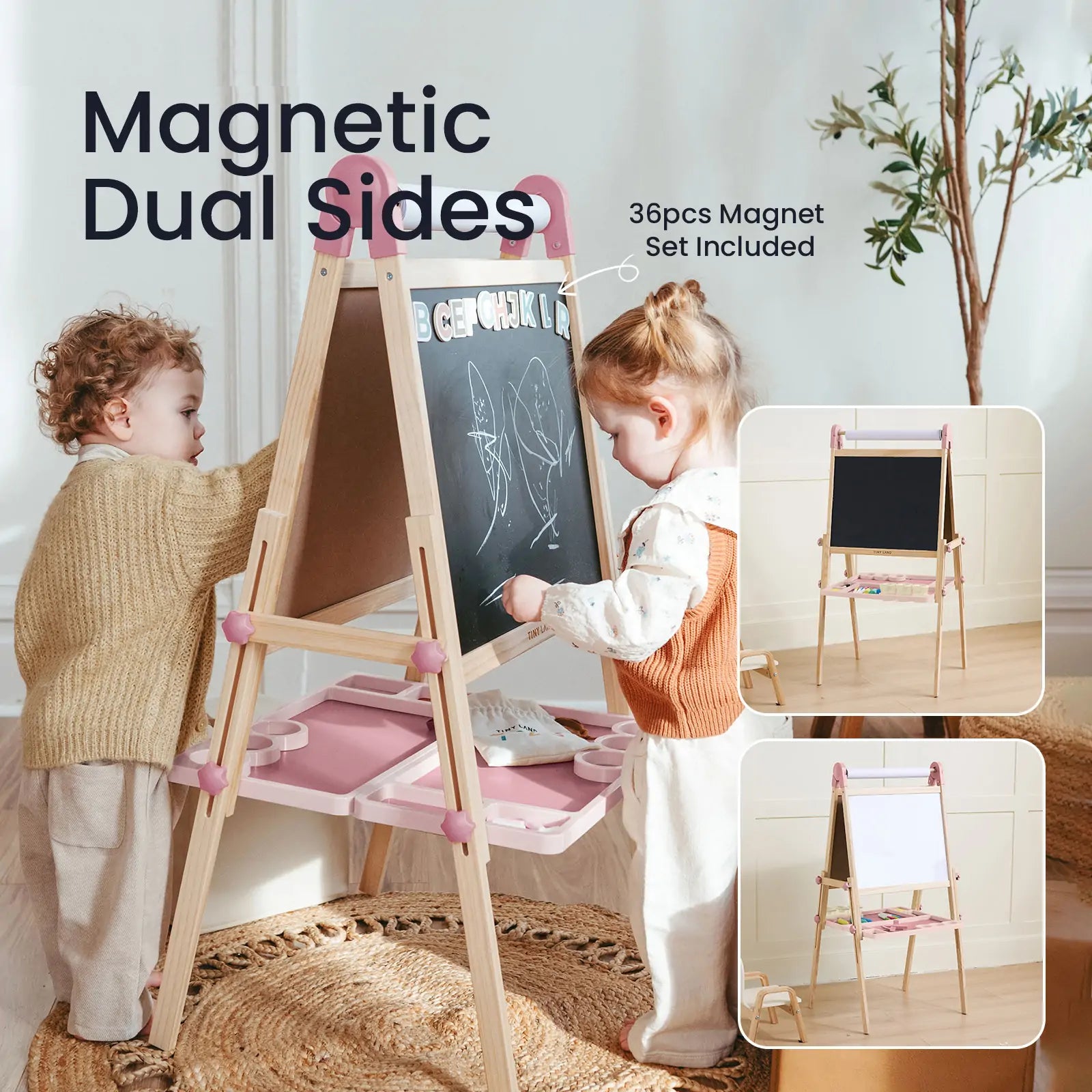 Two children draw on the Tiny Land® Magnitales Easel for Kids - Pink, a height-adjustable easel with magnetic chalkboard and whiteboard sides. Storage trays and magnetic pieces included. Insets show both sides with "Magnetic Dual Sides" text.|pink