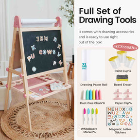 The Tiny Land® Magnitales Easel for Kids - Pink features a chalkboard, magnetic letter stickers, paint cups, paper roll, erasers, chalk, clips, and markers—a complete adjustable easel set by Tiny Land for creative play.|pink
