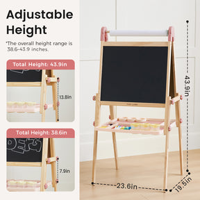 The Tiny Land® Magnitales Easel for Kids - Pink is shown with a blackboard, paper roll, storage tray, adjustable height from 38.6"–43.9", two tray heights (7.9"/13.8"), and clearly labeled dimensions throughout the image.|pink