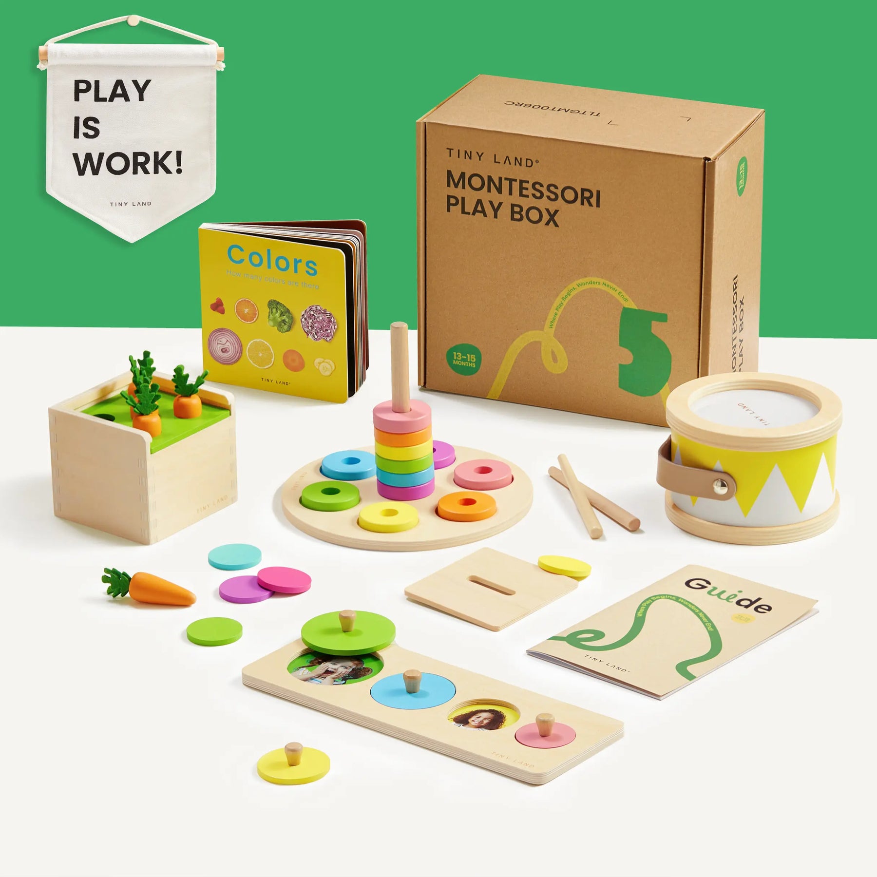 Tiny Land® Montessori Toys for Toddlers (13–15 Months) by Tiny Land features wooden toys, a color book, drum, stacking rings, veggie garden, and activity cards. A PLAY IS WORK! banner hangs above this educational set on a white and green background.