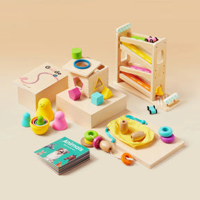 Tiny Land® Montessori Educational Toys for Toddlers (16–18 Months) by Tiny Land include colorful wooden and plastic stacking rings, shape sorters, figures, a bead maze, ramp racer, and two small books—ideal for early Montessori learning.