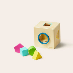 The Tiny Land® Montessori Toys for Toddlers (16–18 Months) is a wooden shape sorter cube with blue-rimmed circle and yellow-rimmed triangle holes, plus four shapes: pink pentagon, blue cube, green semicircle, and yellow triangle.