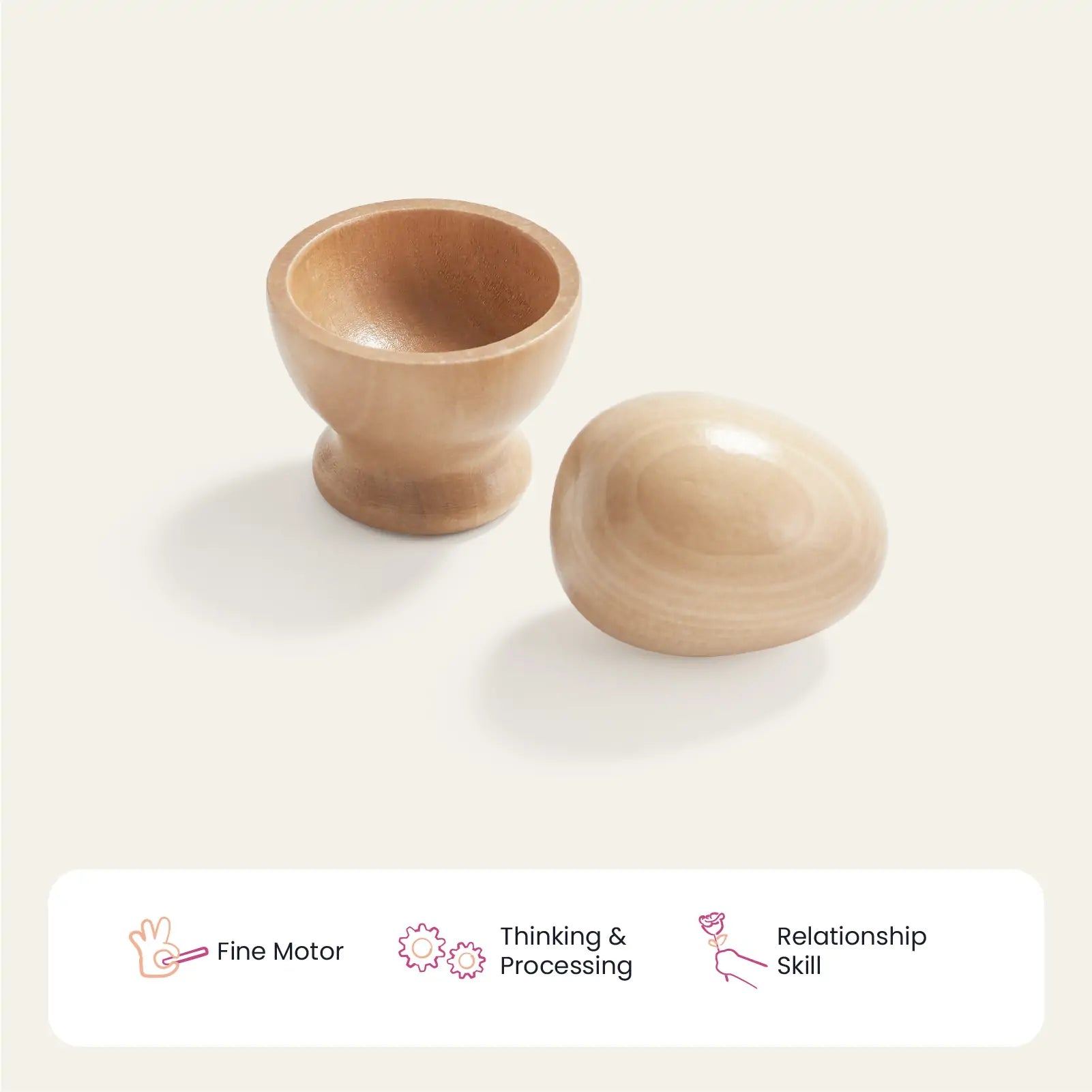 A Tiny Land® Montessori wooden egg and cup sit on a light background. Below, icons and text show how Tiny Land’s toys for 10–12 month infants aid fine motor, thinking, processing, and relationship skills.