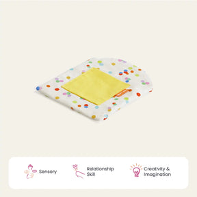 The Tiny Land® Montessori Toys for Infants (10–12 Months) sensory pouch features colorful polka dots and a yellow square patch, supporting sensory, relationship, and creativity skills—ideal for any Montessori playset collection.