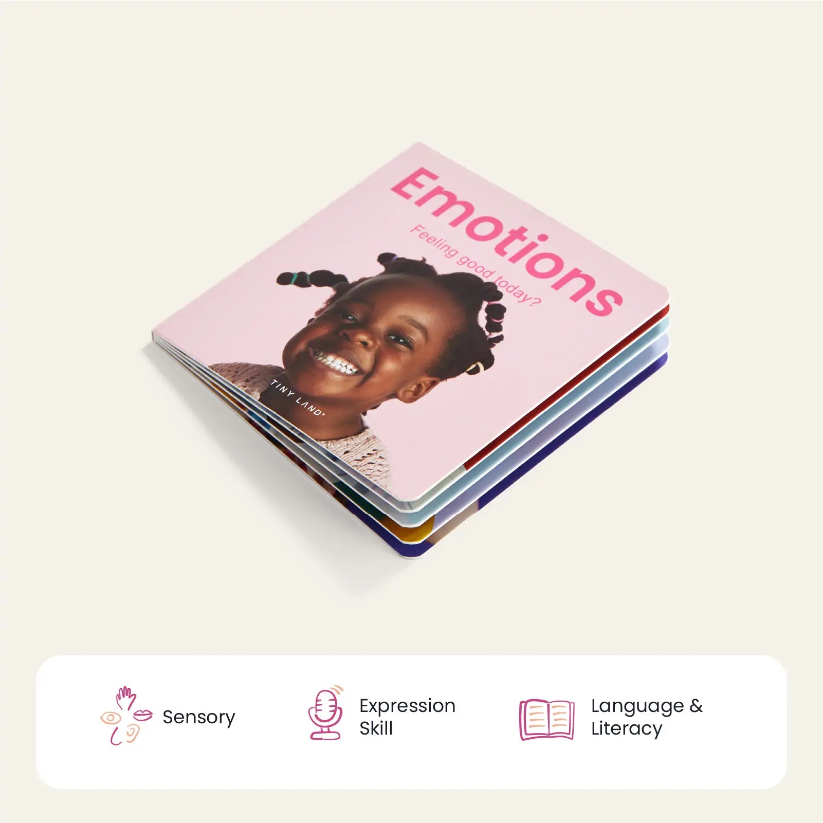 A children’s board book titled Emotions with a smiling girl on the cover sits above icons labeled Sensory, Expression Skill, and Language & Literacy—great for pairing with Tiny Land® Montessori Toys for Infants (10–12 Months) by Tiny Land.