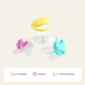 Three clear containers with yellow, pink, and teal lids from Tiny Land® Montessori Toys for Infants (10–12 Months) rest on a light surface. Icons below highlight Fine Motor, Science, and Communication—ideal for Montessori play.