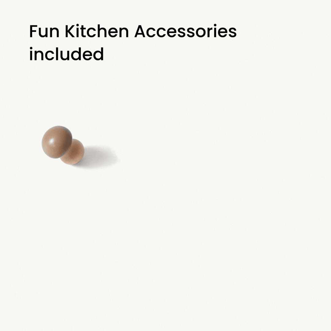 A small wooden knob casts a shadow on a white background. Top left text reads, Fun Kitchen Accessories included—perfect for the Tiny Land® Wooden Play Kitchen for Toddlers by Tiny Land|white