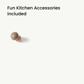 A small wooden knob casts a shadow on a white background. Top left text reads, Fun Kitchen Accessories included—perfect for the Tiny Land® Wooden Play Kitchen for Toddlers by Tiny Land|white