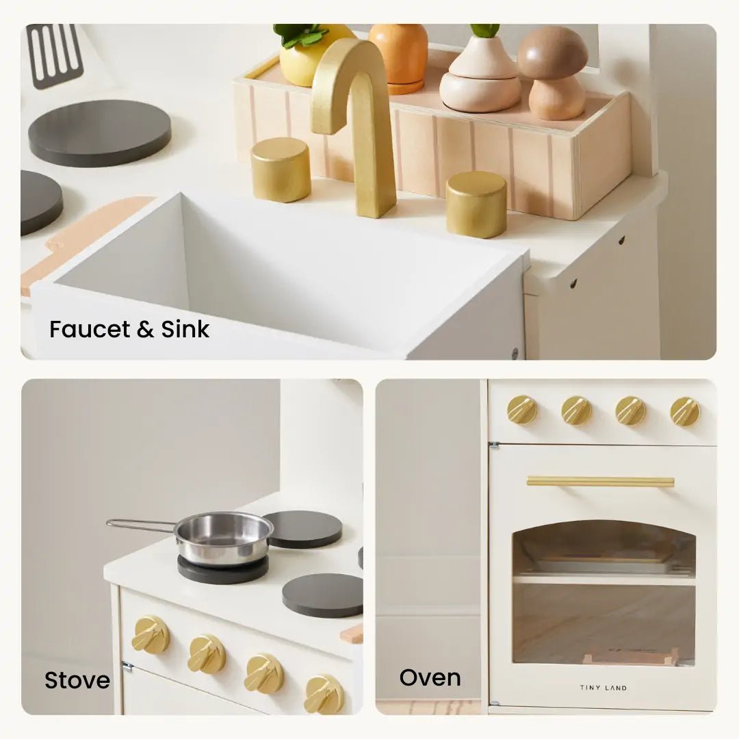 Collage of the Tiny Land® Wooden Play Kitchen for Toddlers shows a white sink with gold faucet, stove with pot, and a white oven with gold knobs and glass door—a stylish Honey Kitchenette by Tiny Land for imaginative play|white