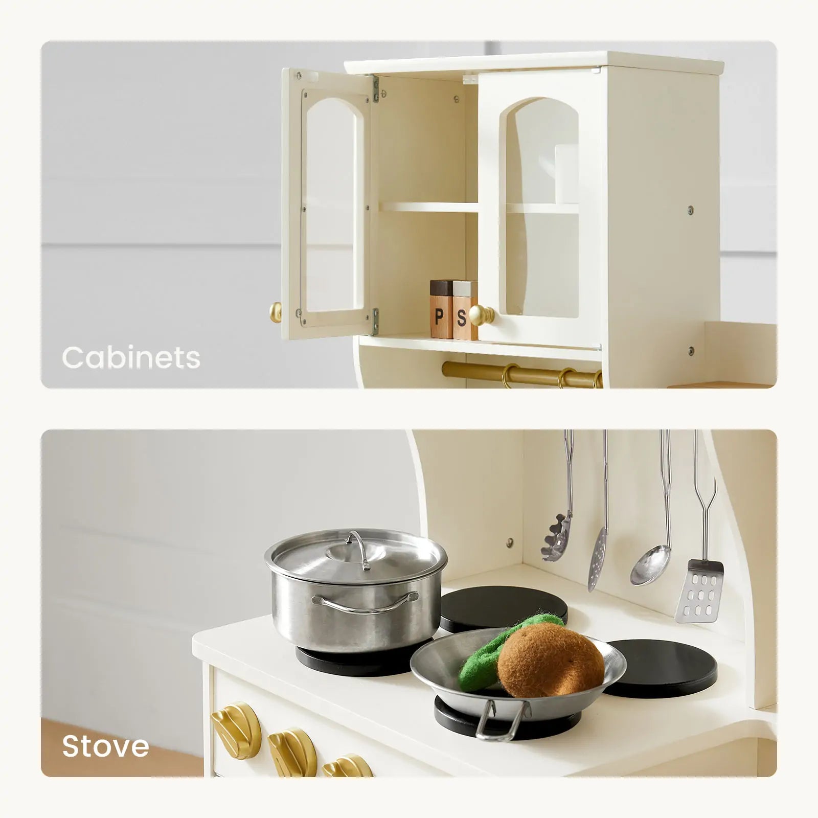 The Tiny Land® Tasty Cooking Playset by Tiny Land features a two-section kitchen with upper white cabinets and spice containers, plus a lower stove with pots, pans, wooden play food, and hanging utensils for endless pretend cooking fun|cream