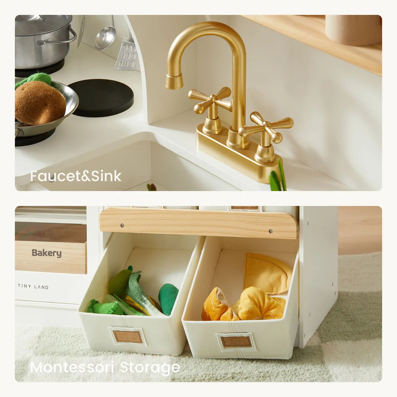 Close-up of the Tiny Land® Smart Storage Kitchen Cafe Set by Tiny Land, featuring a gold faucet and sink above two labeled "Montessori Storage" bins filled with play food—ideal for pretend play|cream