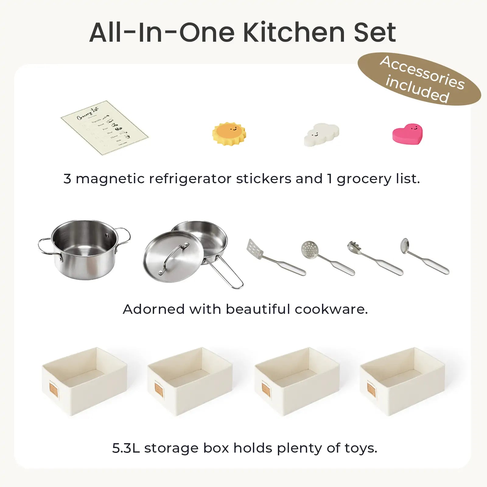 Image shows the Tiny Land Food-Filled Kitchen Gift Set with stainless steel cookware, 4 utensils, toy fridge with magnetic stickers, grocery list, 4 cream storage boxes—highlighting included accessories and spacious storage.
