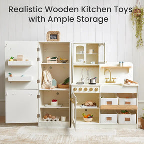 Tiny Land Food-Filled Kitchen Gift Set:Storage Kitchen & Fridge & Organic Food Collection is a neatly organized wooden kids kitchen set with cabinets, shelves, drawers, and toy fridge in a bright room. Text above reads: Realistic Wooden Kitchen Toys with Ample Storage.