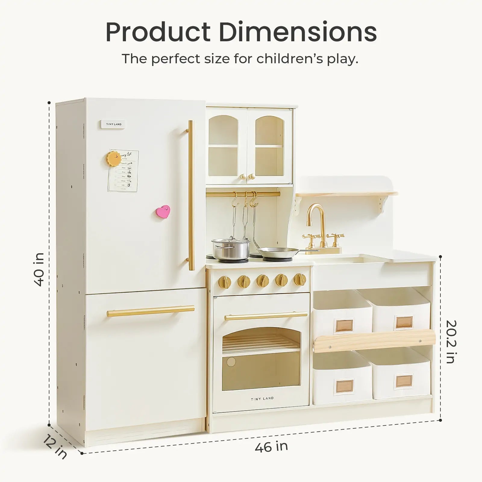 The Tiny Land Food-Filled Kitchen Gift Set features a toy fridge, stove, oven, sink, cabinets in white with gold accents, and wooden shelves. Measures 40"H x 46"W x 20.2"D—perfect for imaginative play and stylish storage of organic food toys.