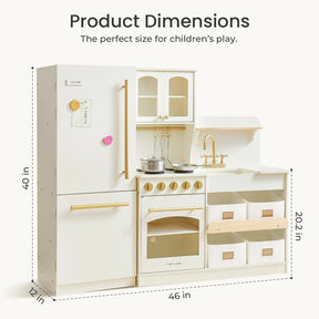 The Tiny Land Food-Filled Kitchen Gift Set features a toy fridge, stove, oven, sink, cabinets in white with gold accents, and wooden shelves. Measures 40"H x 46"W x 20.2"D—perfect for imaginative play and stylish storage of organic food toys.