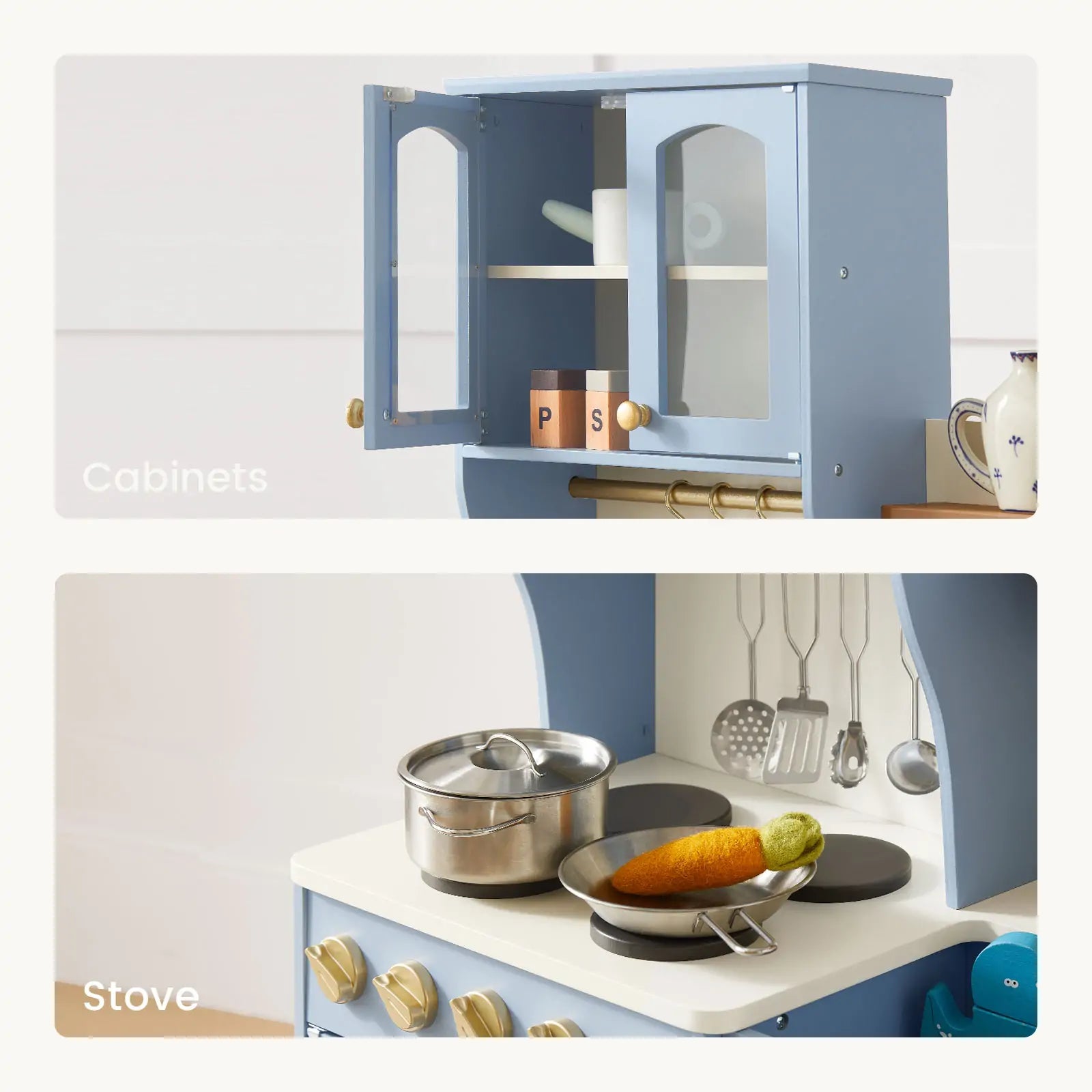 Two labeled images: the top shows blue kitchen cabinets with glass doors and spice containers; the bottom displays the Tiny Land® Serenity Wooden Kitchen for Kids in blue & green, complete with pretend cookware—ideal for imaginative play.