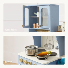 Two labeled images: the top shows blue kitchen cabinets with glass doors and spice containers; the bottom displays the Tiny Land® Serenity Wooden Kitchen for Kids in blue & green, complete with pretend cookware—ideal for imaginative play.