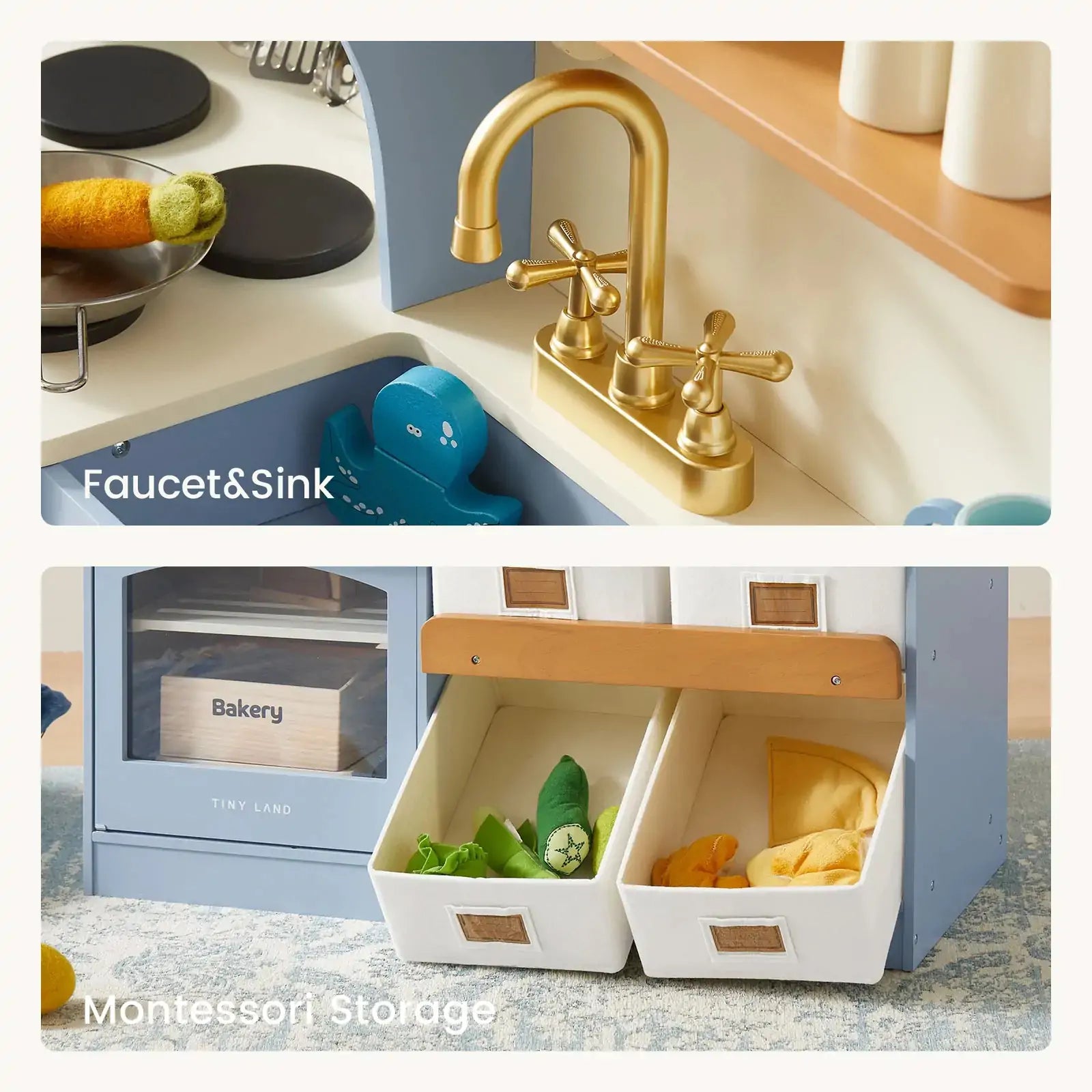 The Tiny Land® Pretend Play Kitchen for Kids - Serenity Wooden Kitchen in blue & green features a gold faucet, sink with toy veggies, labeled Montessori storage bins filled with play food and cookware, plus a mini bakery oven for imaginative play.