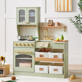 The Tiny Land® Serenity Wooden Kitchen for Kids in blue and green includes pretend cookware, a toy stove, oven, sink, utensils, shelves, storage bins, and playful decor—creating a light and stylish space for imaginative play.