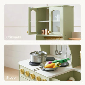 Two images: The top shows the Tiny Land® Pretend Play Kitchen for Kids – Serenity Wooden Kitchen in blue & green with open cabinets and spice jars. The bottom features a toy stove, cookware, and play food for imaginative fun.