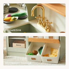 The Tiny Land® Pretend Play Kitchen for Kids – Serenity Wooden Kitchen in Blue & Green features a gold-colored faucet and sink, plus two labeled Montessori storage bins with play food—ideal for imaginative pretend play and fun cooking adventures.