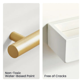 Split image: left shows a round wooden peg from the Tiny Land® Farm-to-Table Play Set with gold, non-toxic water-based paint—great for pretend play; right displays the crack-free white surface of this Tiny Land kitchen set.