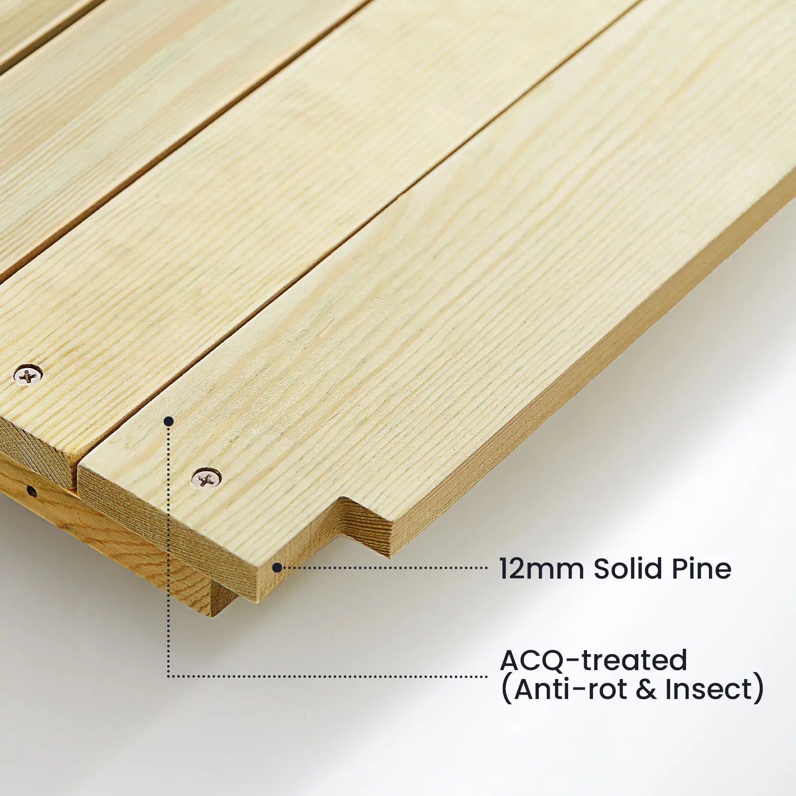 Close-up of a 12mm solid pine panel from the Tiny Land® Mud Kitchen - DuoPlay, ACQ-treated for durability, visible screws, and a notched edge—perfect for kids’ outdoor play by Tiny Land.