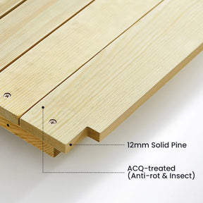 Close-up of a 12mm solid pine panel from the Tiny Land® Mud Kitchen - DuoPlay, ACQ-treated for durability, visible screws, and a notched edge—perfect for kids’ outdoor play by Tiny Land.