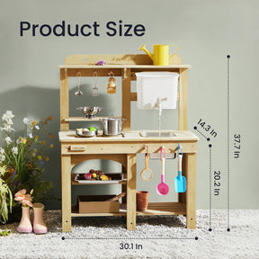 The Tiny Land® Mud Kitchen - DuoPlay Outdoor Play Kitchen for Kids by Tiny Land includes pots, utensils, and a watering can. Perfect for sensory and outdoor play. Dimensions: 37.7"H x 30.1"W; counter: 20.2"H; shelf: 14.3"H.