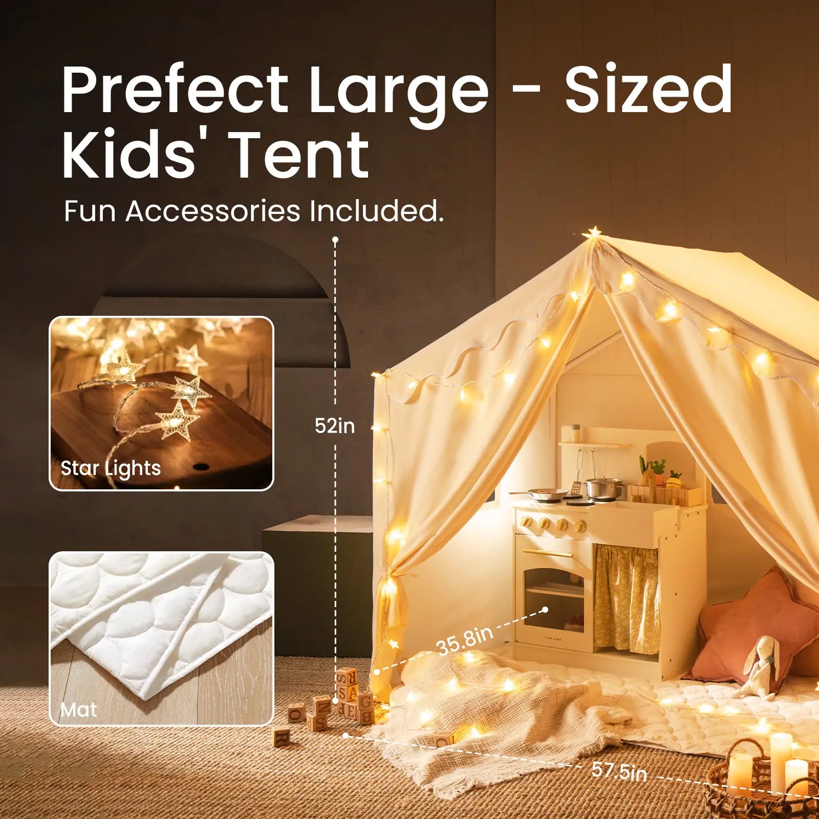 Tiny Land® Kids Tent – Large Cozy Tent with star-shaped string lights, a play kitchen, quilted mat, and cozy pillows by Tiny Land. Insets show close-ups of the lights and mat, with dimensions and text overlaid for details.|fabric