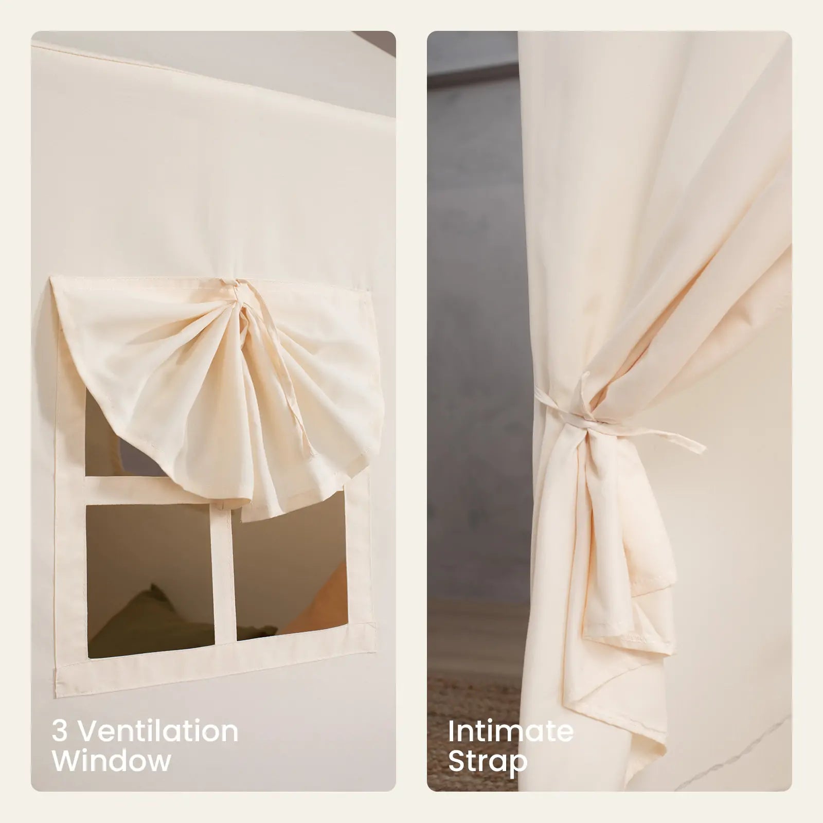 Split image of the Tiny Land® Kids Tent – Large Cozy Tent with Star Lights: left shows a window with gathered curtains, right features fabric tied back with a strap. Text highlights 3 ventilation windows and an intimate strap.|fabric