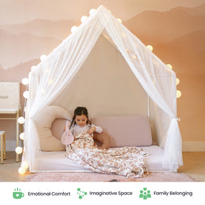 A young girl relaxes on a cozy floor bed beneath the Tiny Land® Kids Tent – Large Cozy Tent with Star Lights, its white canopy adorned with twinkling lights and surrounded by plush pillows and soft blankets. The space is styled in gentle, neutral tones with subtle wall art, making it the ultimate indoor retreat by Tiny Land.|mesh