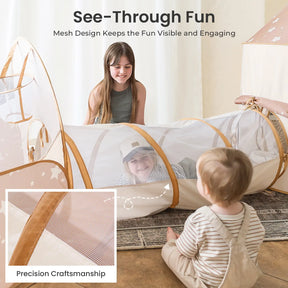 A young girl smiles as two toddlers play with the Tiny Land® Discovery 5-in-1 Play Tunnel & Ocean Ball Set. The mesh design keeps play visible and fun, while Tiny Land’s precision craftsmanship ensures quality and engagement.
