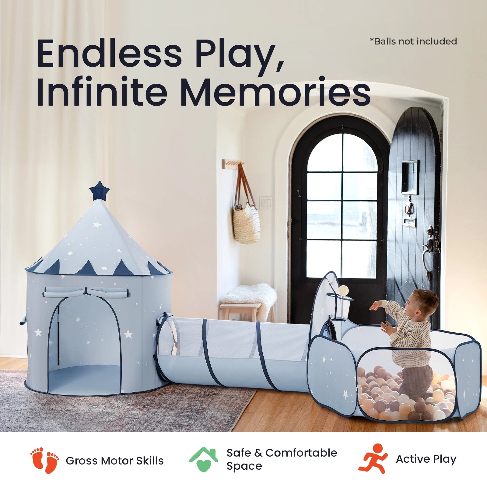 A toddler enjoys the Tiny Land® Compact Adventure 3-in-1 Play Tunnel indoors, featuring a blue play tent, tunnel, and ball pit (balls not included). Text reads “Endless Play, Infinite Memories.” Icons below highlight motor skills development, safety, and active play—by Tiny Land.|Blue
