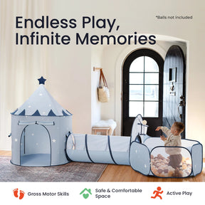A toddler enjoys the Tiny Land® Compact Adventure 3-in-1 Play Tunnel indoors, featuring a blue play tent, tunnel, and ball pit (balls not included). Text reads “Endless Play, Infinite Memories.” Icons below highlight motor skills development, safety, and active play—by Tiny Land.|Blue