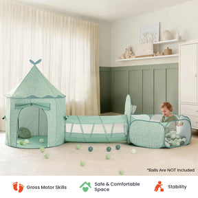 A cheerful toddler enjoys the Tiny Land® Compact Adventure 3-in-1 Play Tunnel in mint green, featuring a cozy play tent and an exciting tunnel, all set in a softly lit room. This set from Tiny Land includes a tunnel but does not come with balls. Below, icons showcase benefits like promoting gross motor skills, safety, comfort, and stability.|Green